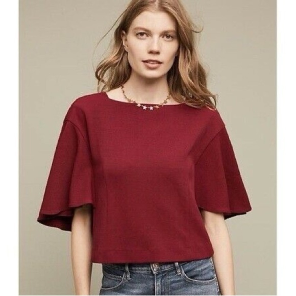 Anthropologie Eri + Ali Viv Burgundy Red Textured Flutter Sleeve Cropped Top S